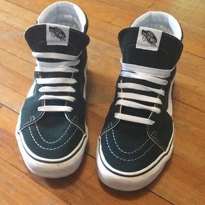 Size 9 scarab green and white high top vans.